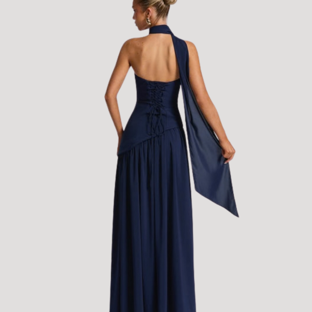 Women’s Strapless Corset Maxi Dress with Neck Scarf