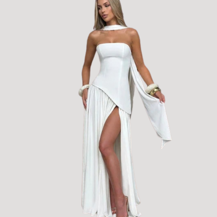 Women’s Strapless Corset Maxi Dress with Neck Scarf