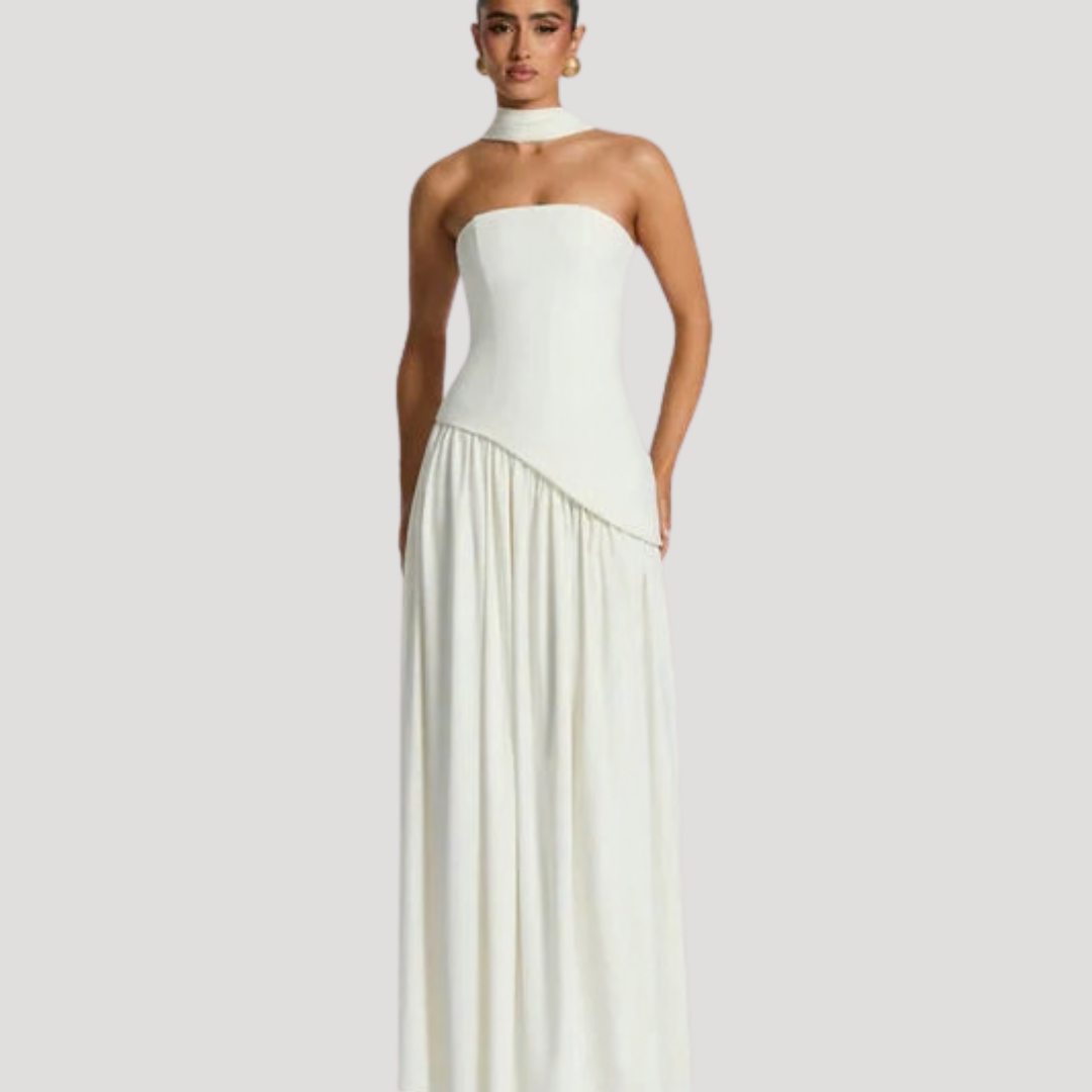 Women’s Strapless Corset Maxi Dress with Neck Scarf
