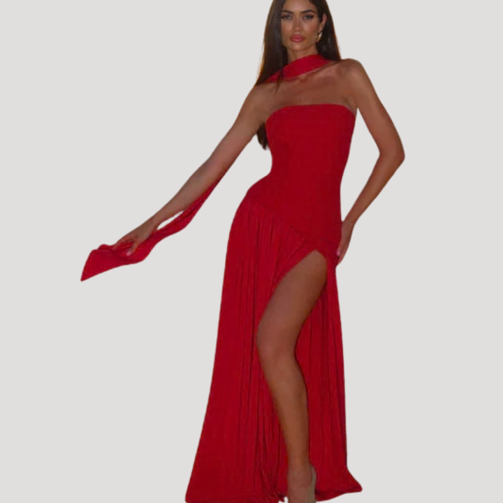 Women’s Strapless Corset Maxi Dress with Neck Scarf
