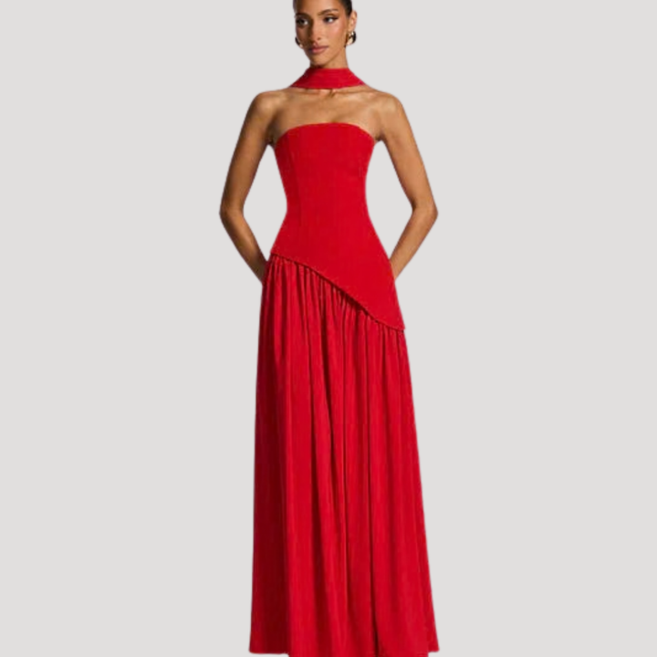 Women’s Strapless Corset Maxi Dress with Neck Scarf