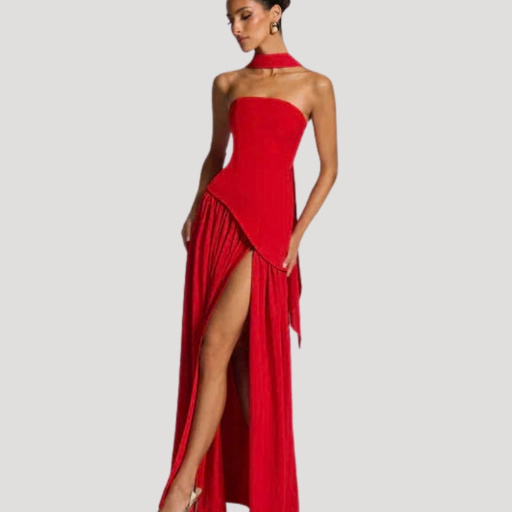 Women’s Strapless Corset Maxi Dress with Neck Scarf