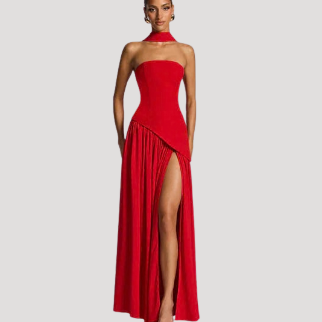 Women’s Strapless Corset Maxi Dress with Neck Scarf