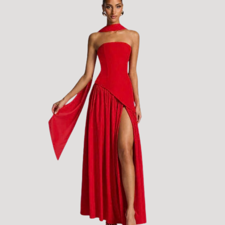 Women’s Strapless Corset Maxi Dress with Neck Scarf