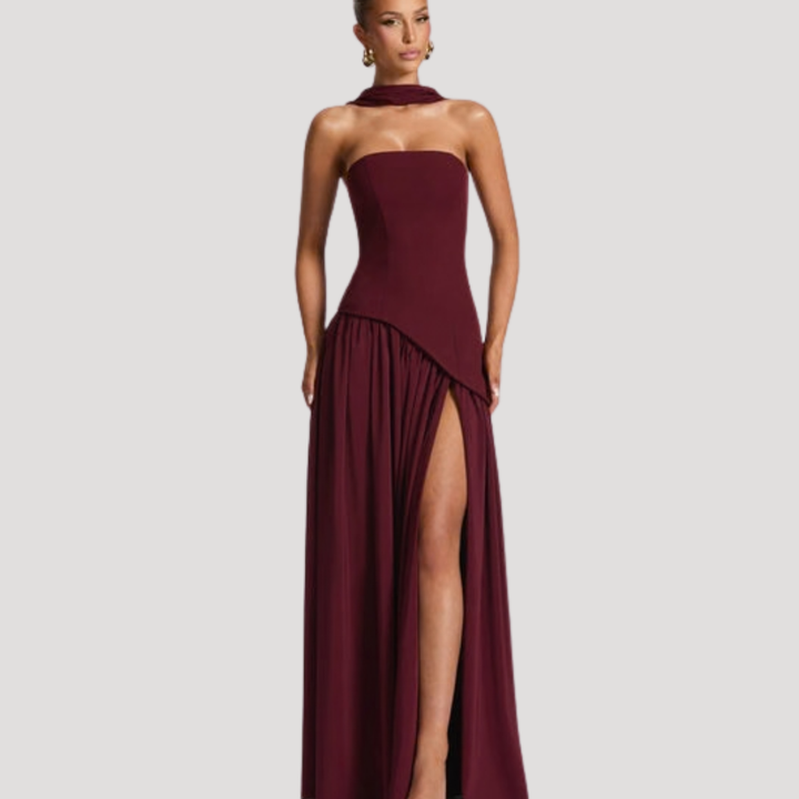 Women’s Strapless Corset Maxi Dress with Neck Scarf
