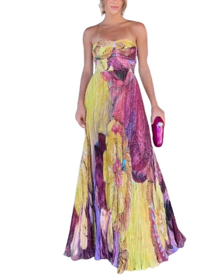 Women’s Strapless Floral Print Pleated Maxi Dress