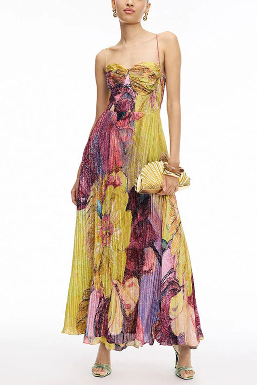 Women’s Strapless Floral Print Pleated Maxi Dress