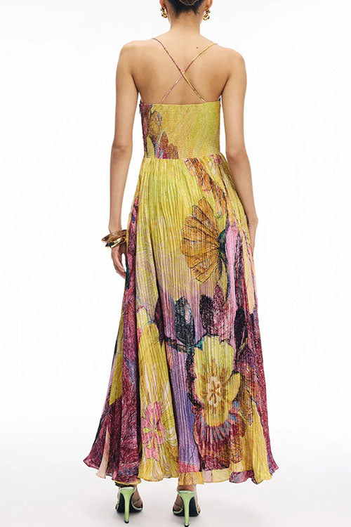 Women’s Strapless Floral Print Pleated Maxi Dress
