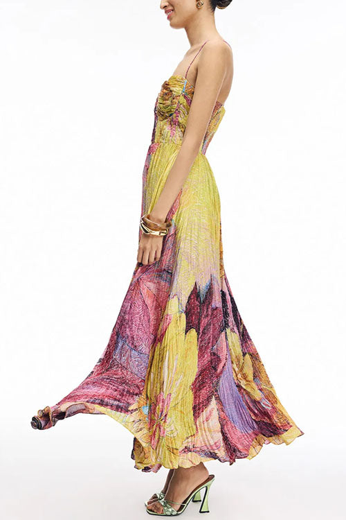 Women’s Strapless Floral Print Pleated Maxi Dress