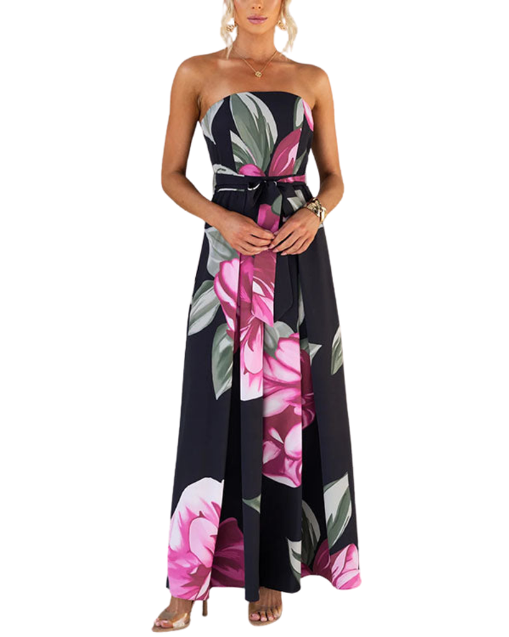 Women’s Strapless Floral Print Wide-Leg Jumpsuit with Waist Tie