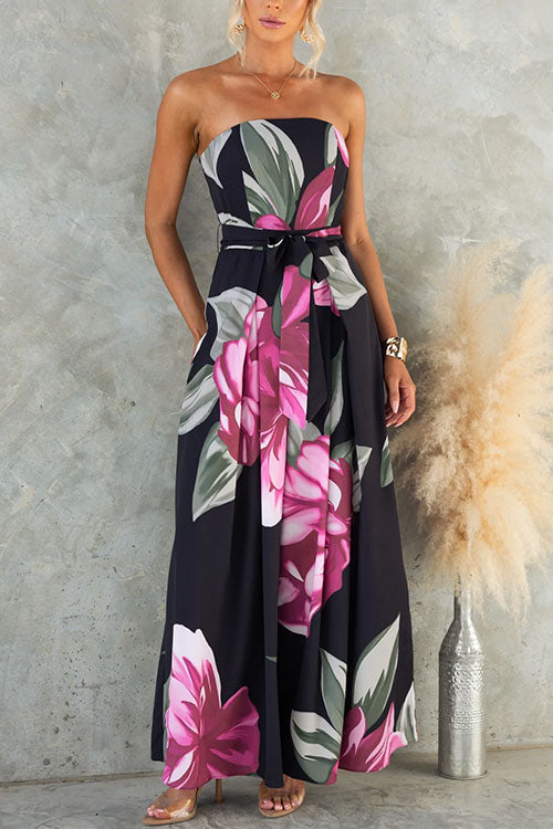 Women’s Strapless Floral Print Wide-Leg Jumpsuit with Waist Tie