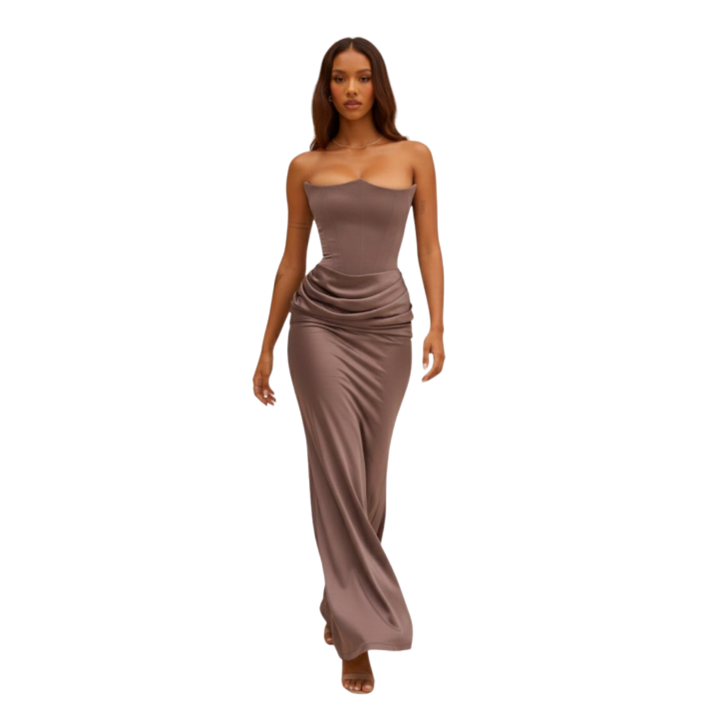 Women's Strapless Ruched Waist Maxi Dress with Floor-Length Hem