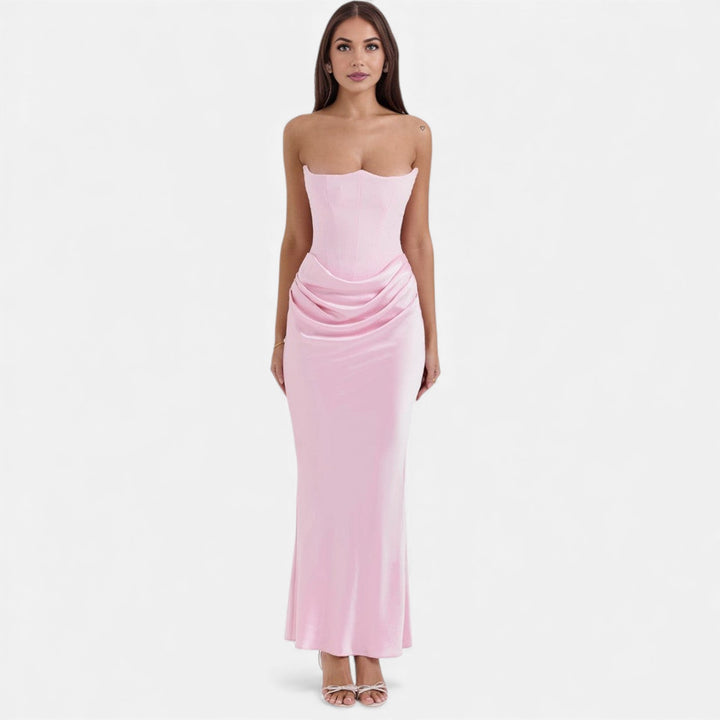 Women's Strapless Ruched Waist Maxi Dress with Floor-Length Hem
