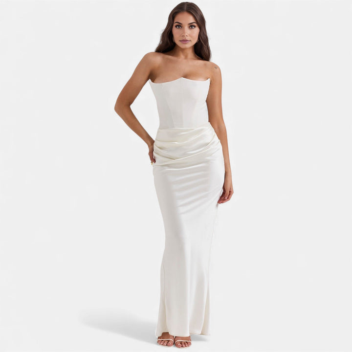 Women's Strapless Ruched Waist Maxi Dress with Floor-Length Hem
