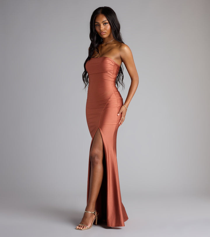 Women's Strapless Mermaid Maxi Dress with High Side Slit