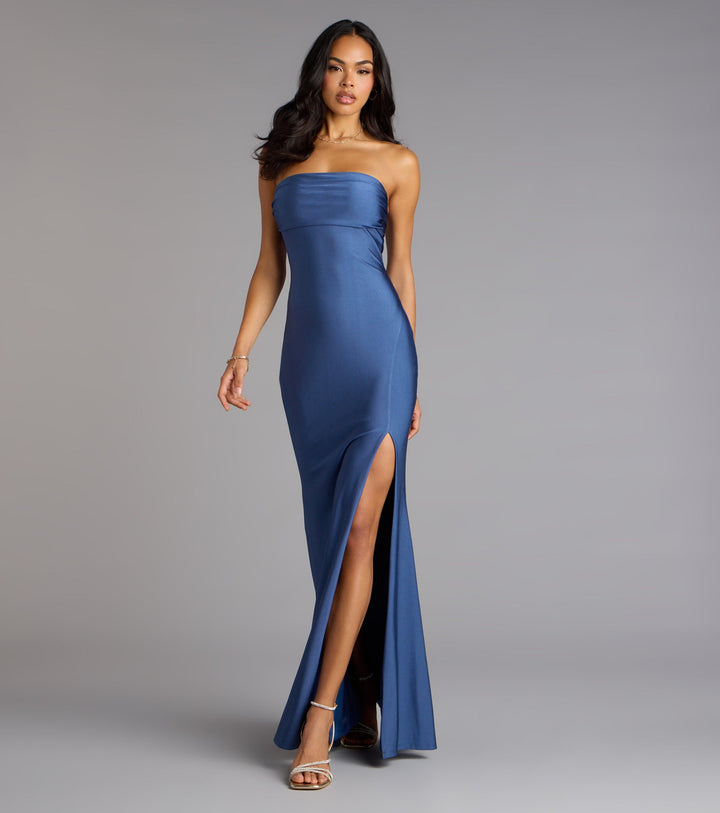 Women's Strapless Mermaid Maxi Dress with High Side Slit