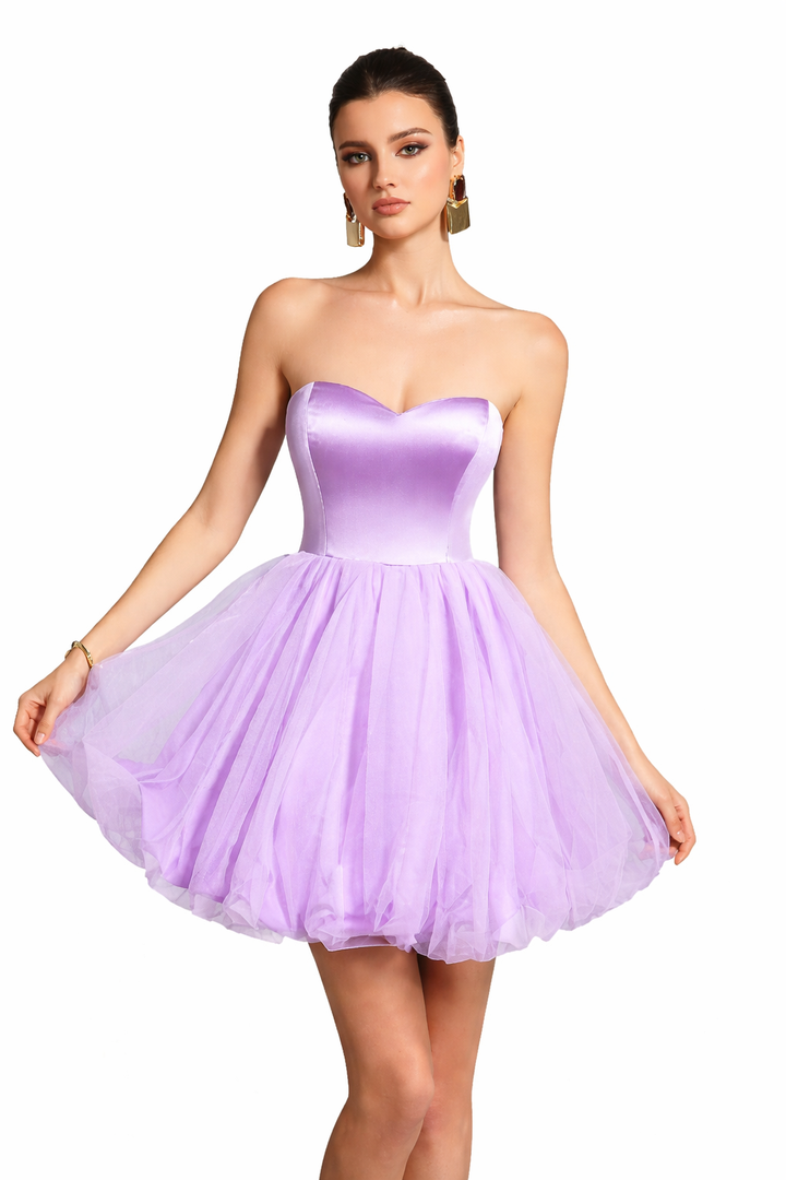 Women's Strapless Mini Dress with Tulle Skirt and Sweetheart Neckline