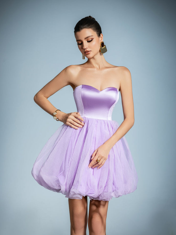 Women's Strapless Mini Dress with Tulle Skirt and Sweetheart Neckline