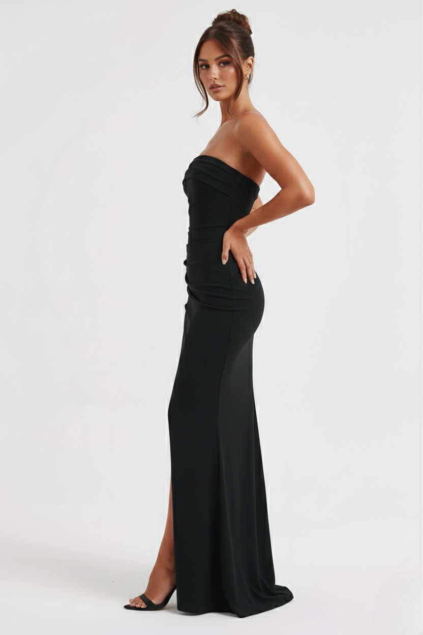 Women’s Strapless Draped Overlay High Split Maxi Dress