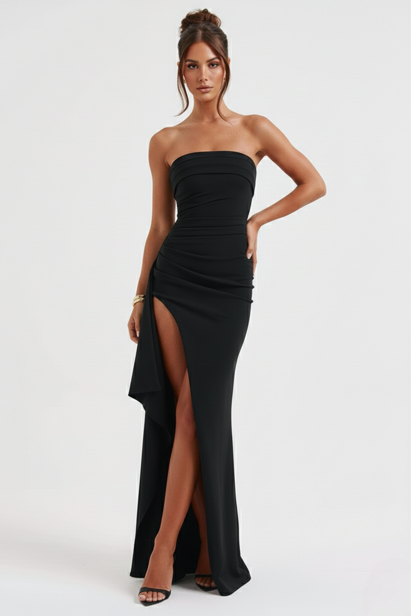 Women’s Strapless Draped Overlay High Split Maxi Dress