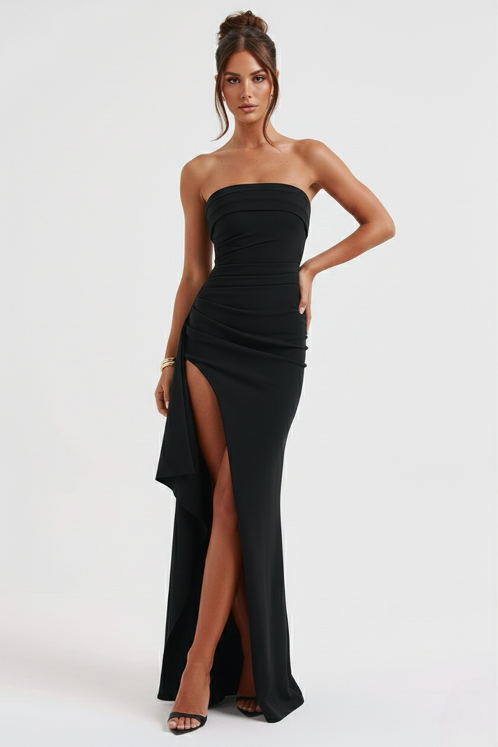 Women’s Strapless Draped Overlay High Split Maxi Dress