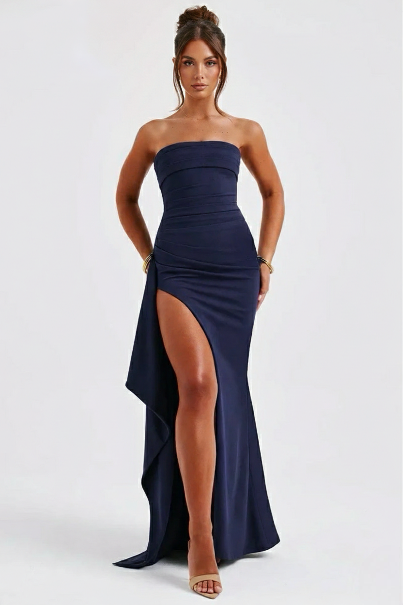 Women’s Strapless Draped Overlay High Split Maxi Dress