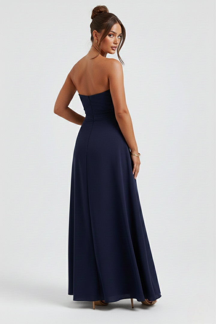 Women’s Strapless Draped Overlay High Split Maxi Dress