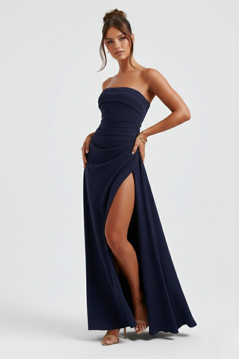 Women’s Strapless Draped Overlay High Split Maxi Dress