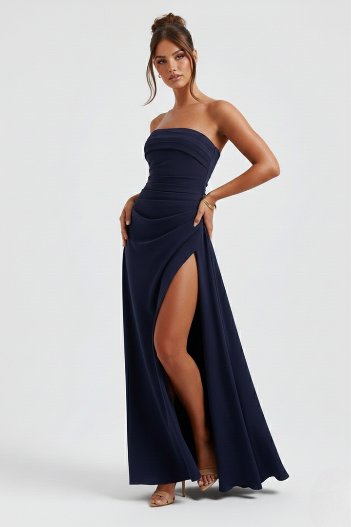 Women’s Strapless Draped Overlay High Split Maxi Dress
