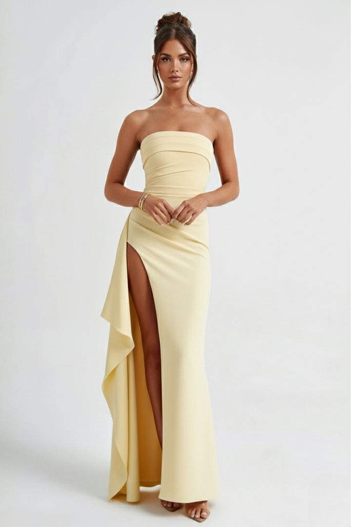 Women’s Strapless Draped Overlay High Split Maxi Dress