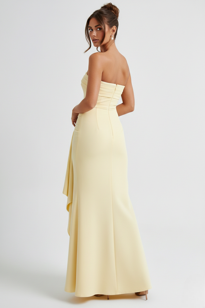 Women’s Strapless Draped Overlay High Split Maxi Dress