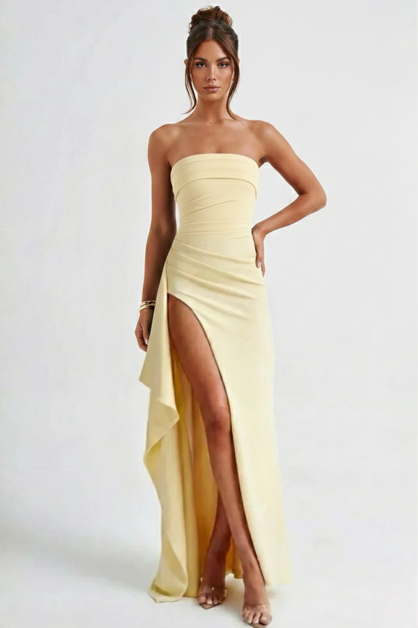 Women’s Strapless Draped Overlay High Split Maxi Dress