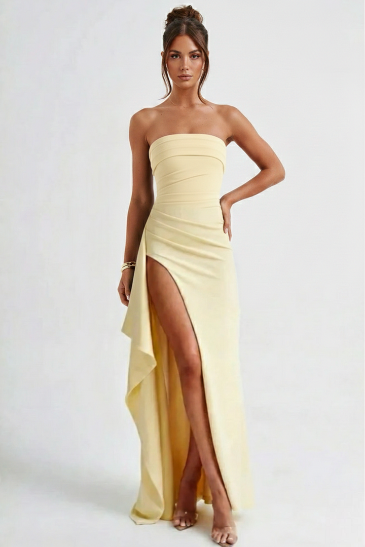 Women’s Strapless Draped Overlay High Split Maxi Dress