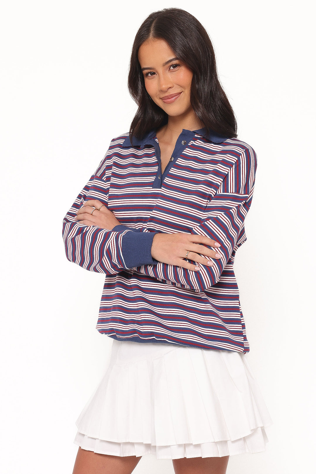 Women’s Striped Long Sleeve Polo Top