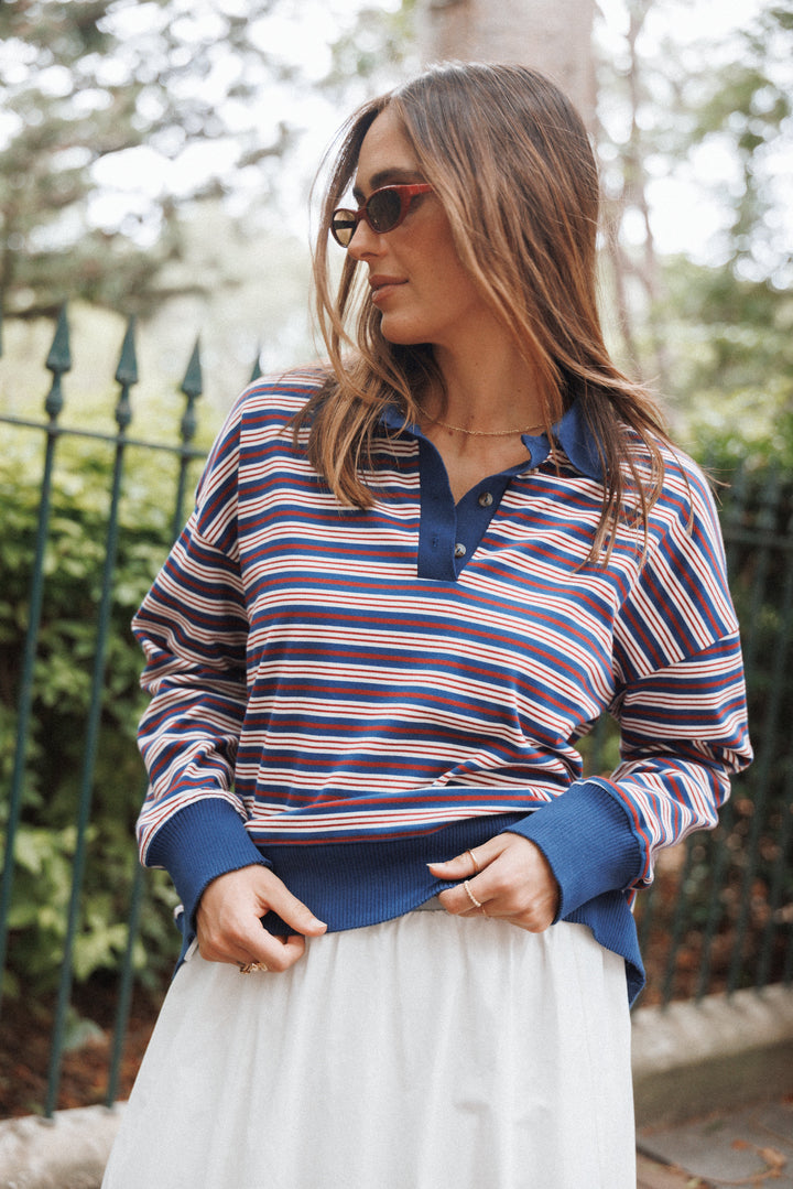 Women’s Striped Long Sleeve Polo Top