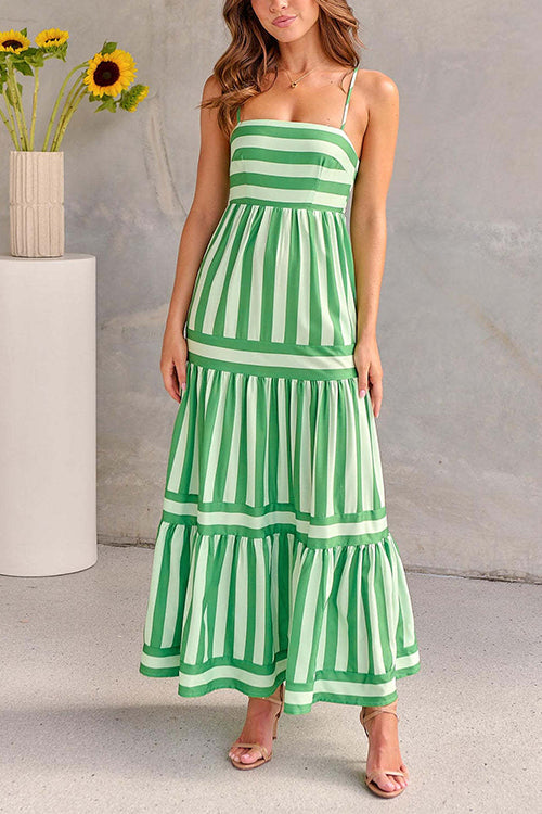 Women’s Striped Spaghetti Strap Tiered Maxi Dress