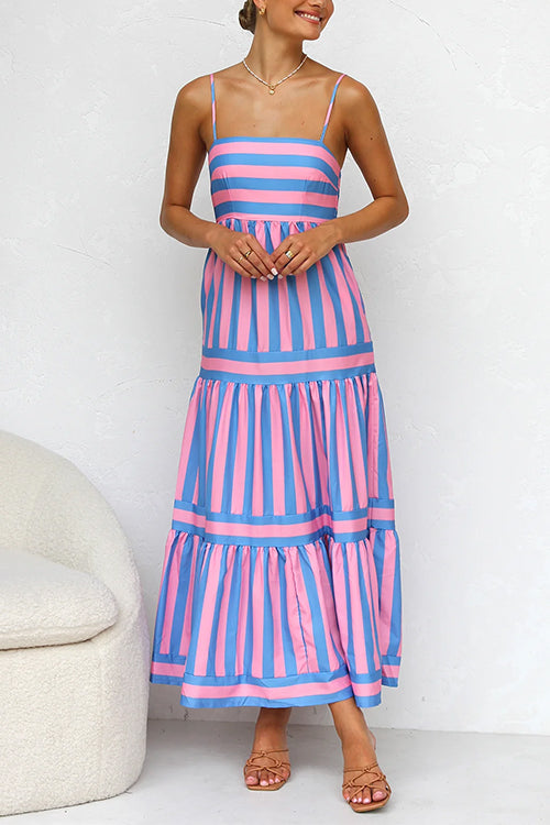 Women’s Striped Spaghetti Strap Tiered Maxi Dress