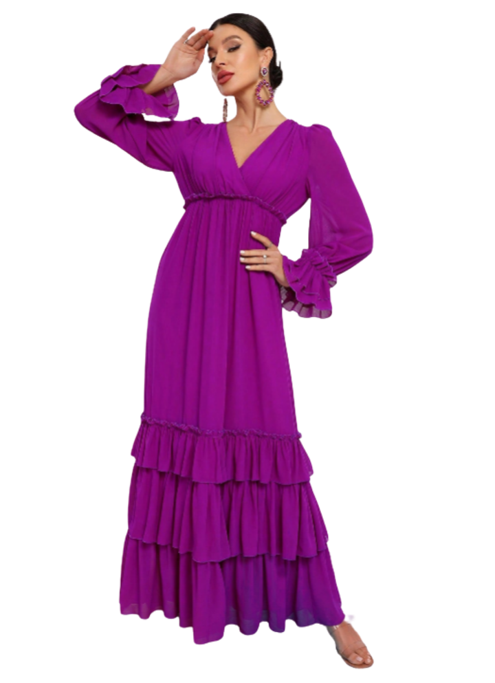 Women's Tiered Maxi Dress with Long Ruffle Sleeves and V Neck