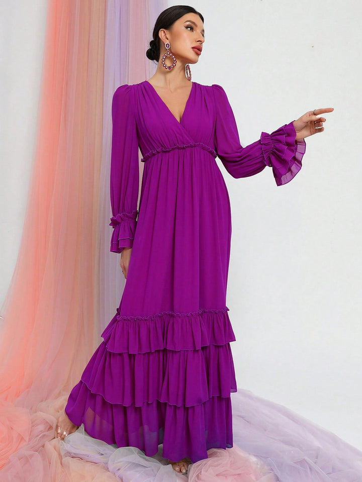 Women's Tiered Maxi Dress with Long Ruffle Sleeves and V Neck