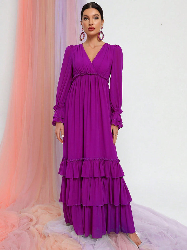 Women's Tiered Maxi Dress with Long Ruffle Sleeves and V Neck
