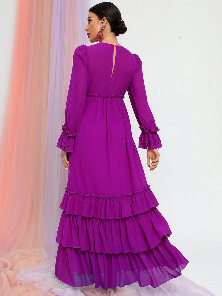 Women's Tiered Maxi Dress with Long Ruffle Sleeves and V Neck
