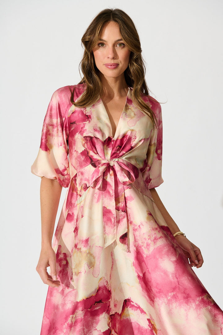 Women's Floral Puff Sleeve Midi Dress with Twist Front