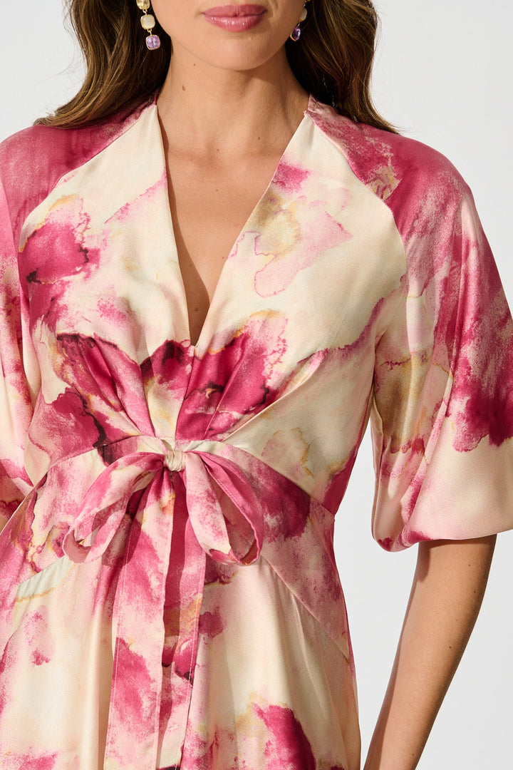 Women's Floral Puff Sleeve Midi Dress with Twist Front