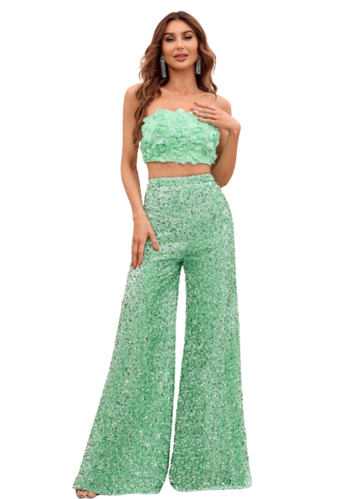 Women's 3D Rosette Crop Top and Wide-Leg Sequin Pants Two-Piece Set