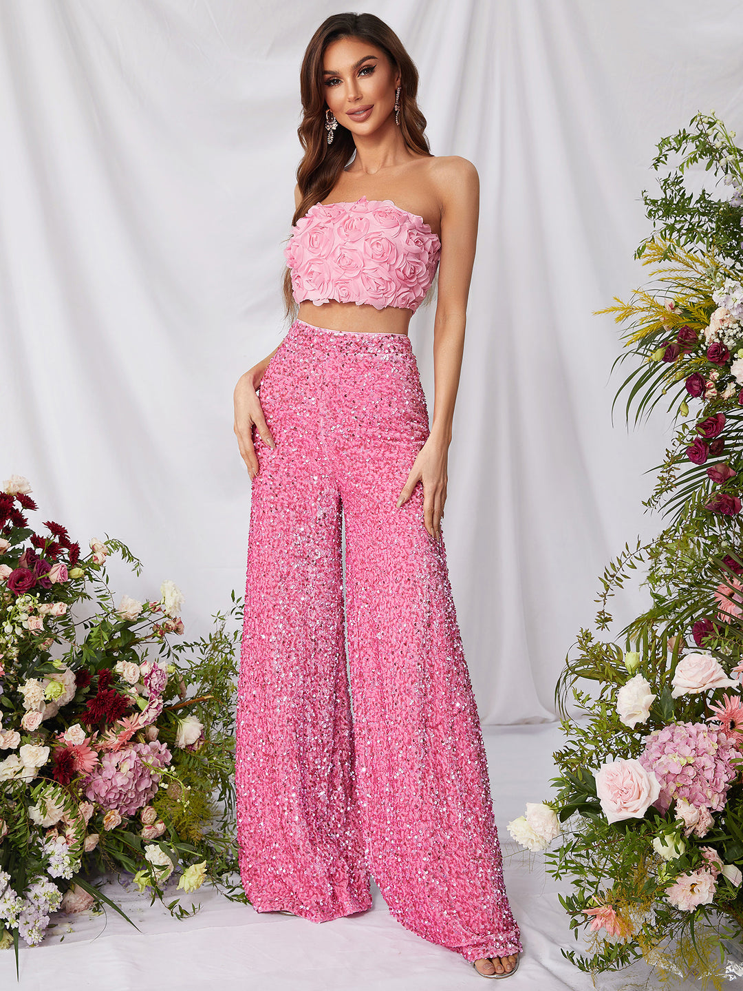 Women's 3D Rosette Crop Top and Wide-Leg Sequin Pants Two-Piece Set
