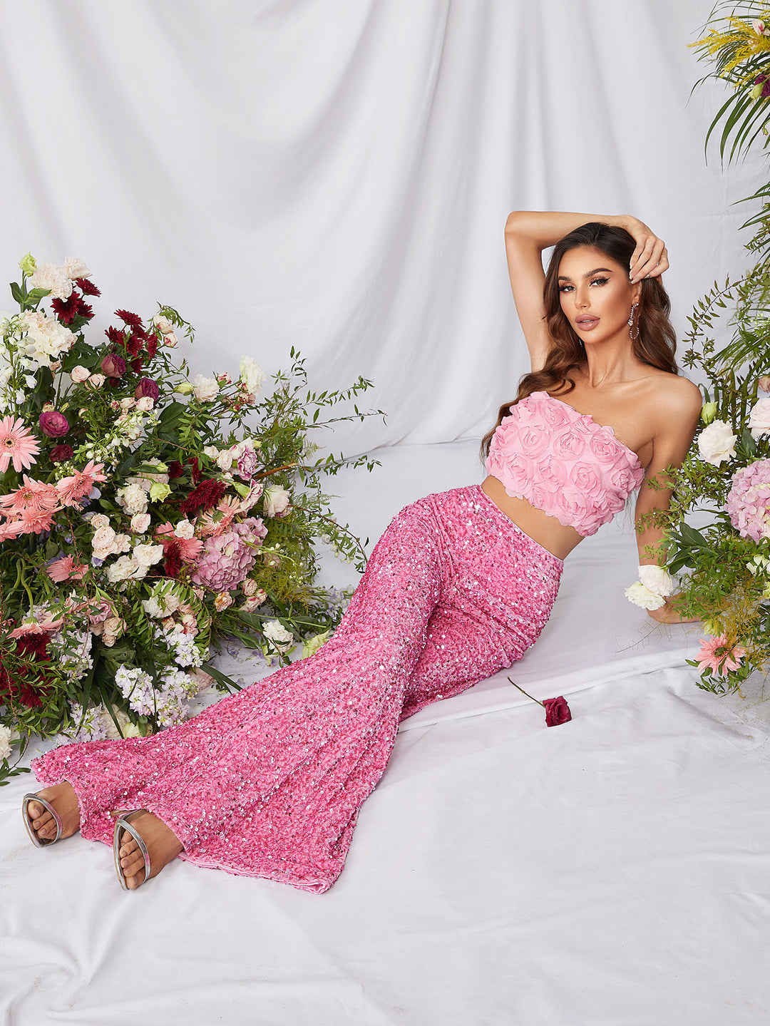 Women's 3D Rosette Crop Top and Wide-Leg Sequin Pants Two-Piece Set