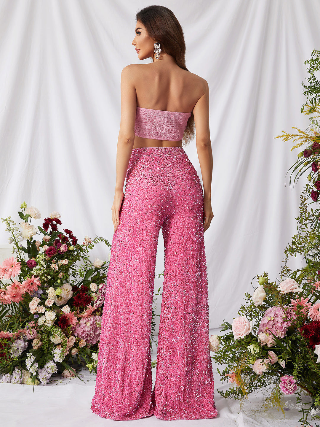 Women's 3D Rosette Crop Top and Wide-Leg Sequin Pants Two-Piece Set