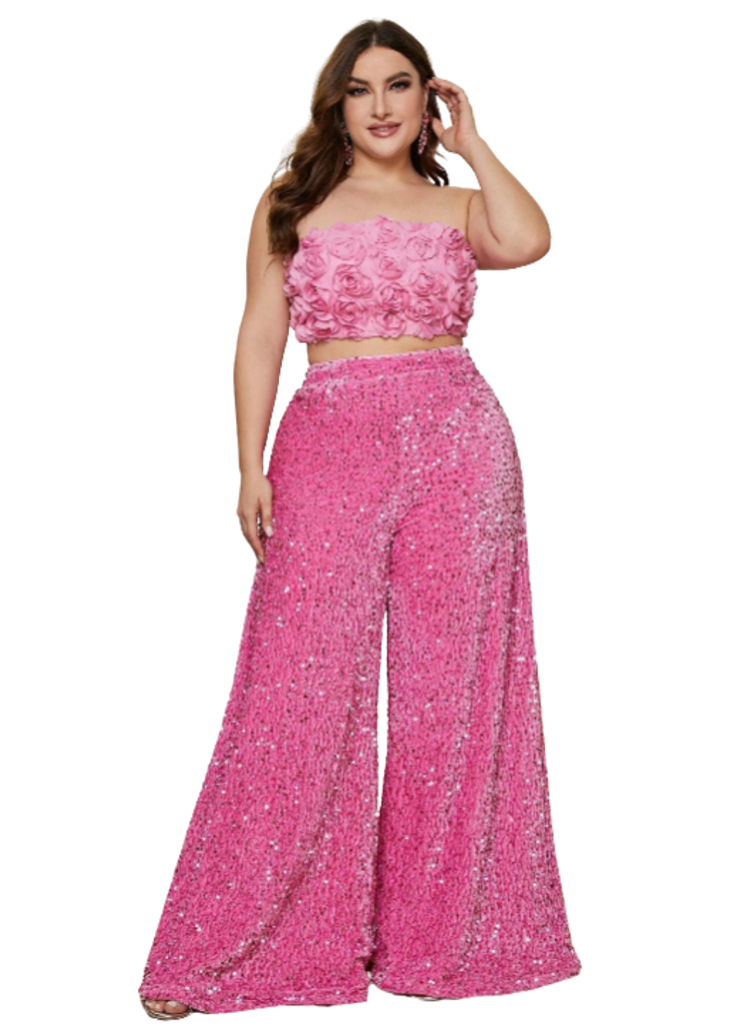Women's Sequin Wide-Leg Two-Piece Set with Floral Appliqué