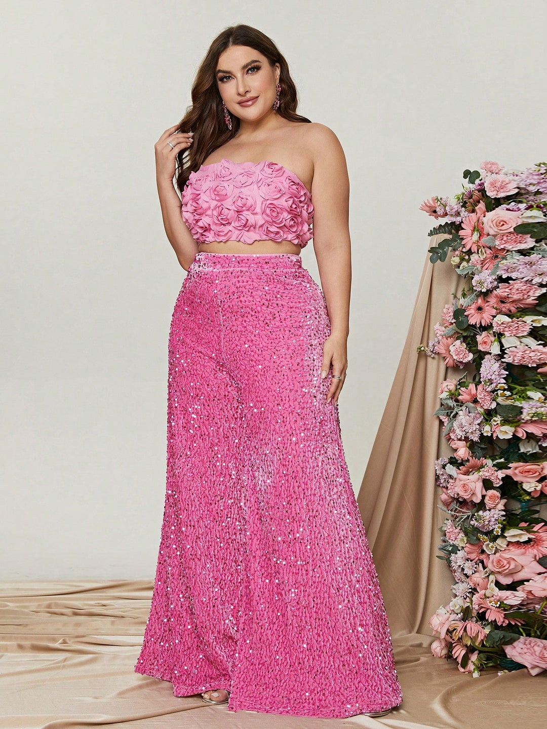 Women's Sequin Wide-Leg Two-Piece Set with Floral Appliqué