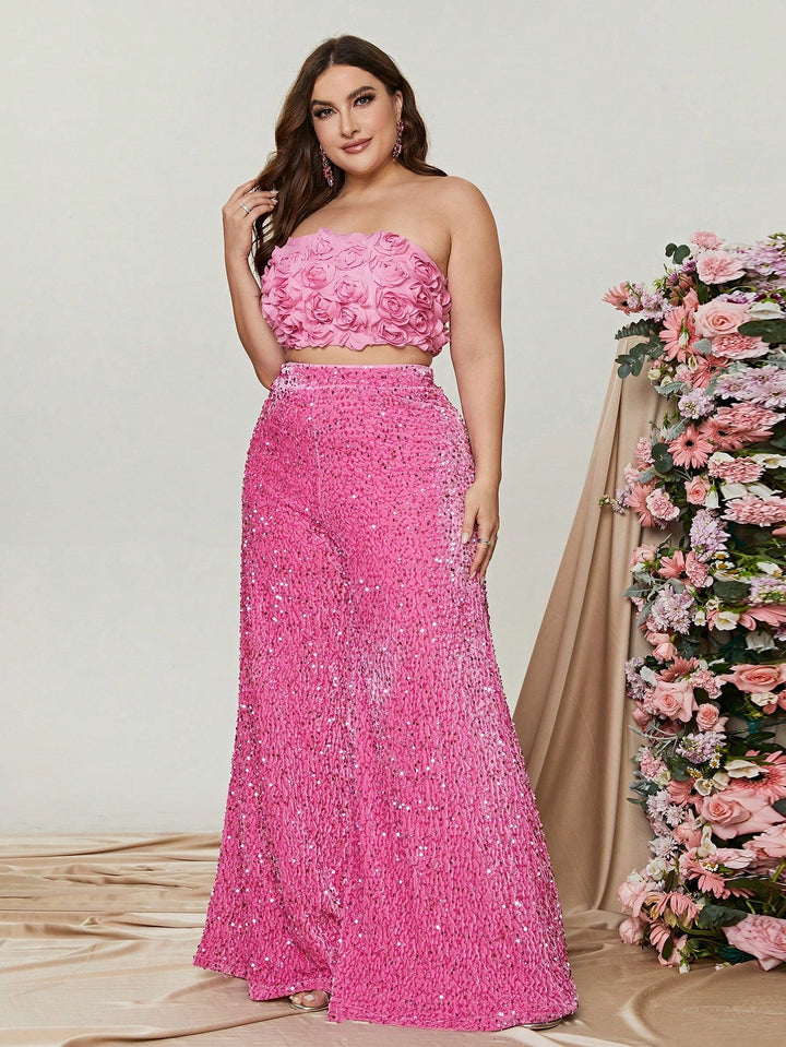 Women's Sequin Wide-Leg Two-Piece Set with Floral Appliqué